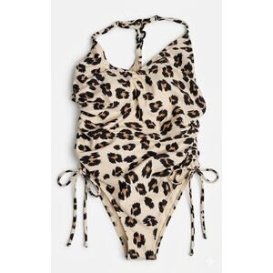 Kona Sol Leopard Print Ruched One Piece Swimsuit Side Tie Detail Size Large